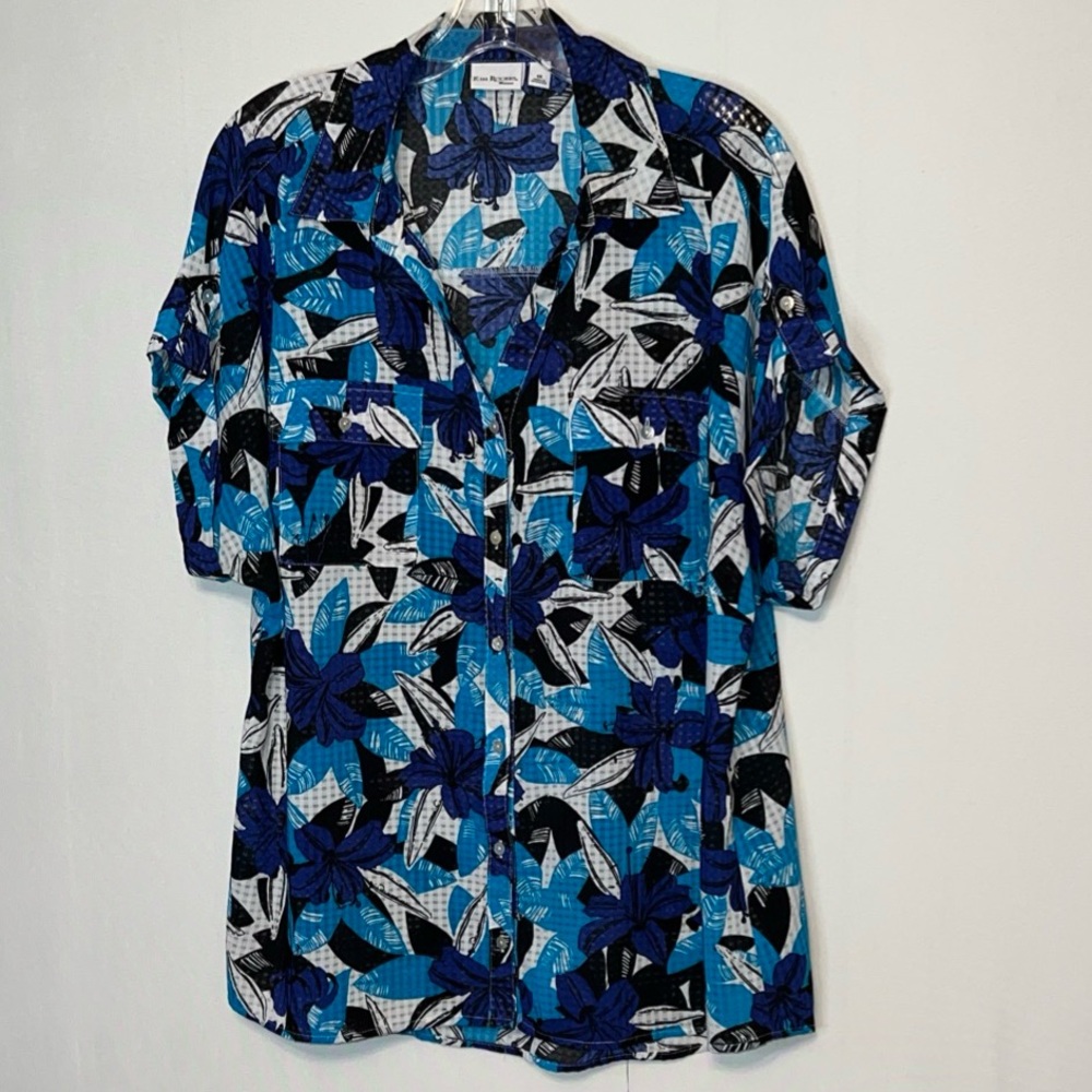 KIM ROGERS Women  Button Down Shirt Floral Faux Roll Tab Short Sleeve Size 1X